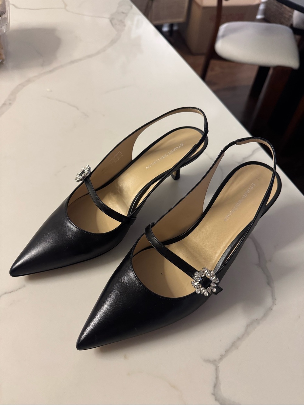 Stuart Weitzman Aura 50 crystal-embellished suede slingback Mary Jane pumps